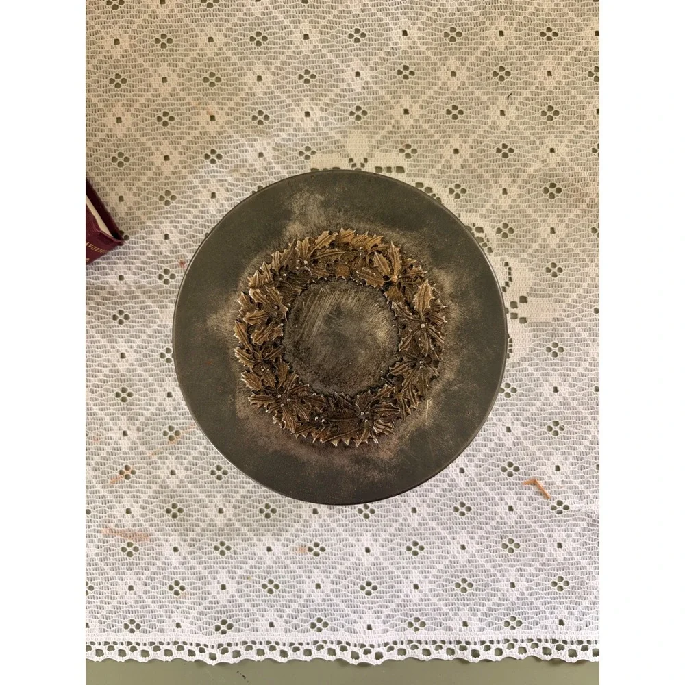 Vintage Metzke Pewter Holly Wreath Round Metal Tin Decorative Storage Box